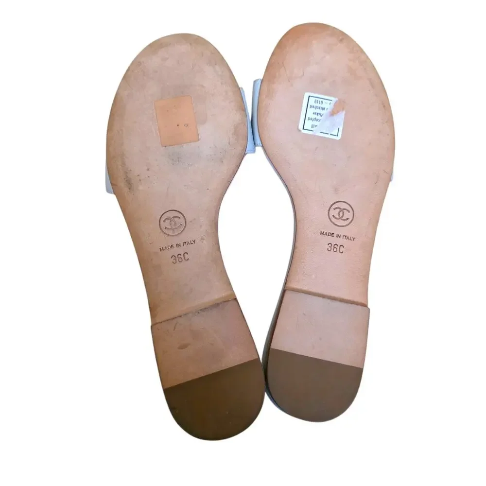 Chanel Blue Gray Leather CC Logo Camellia Flat Slide Sandals IT 36 US 5.5 - Picture 5 of 12